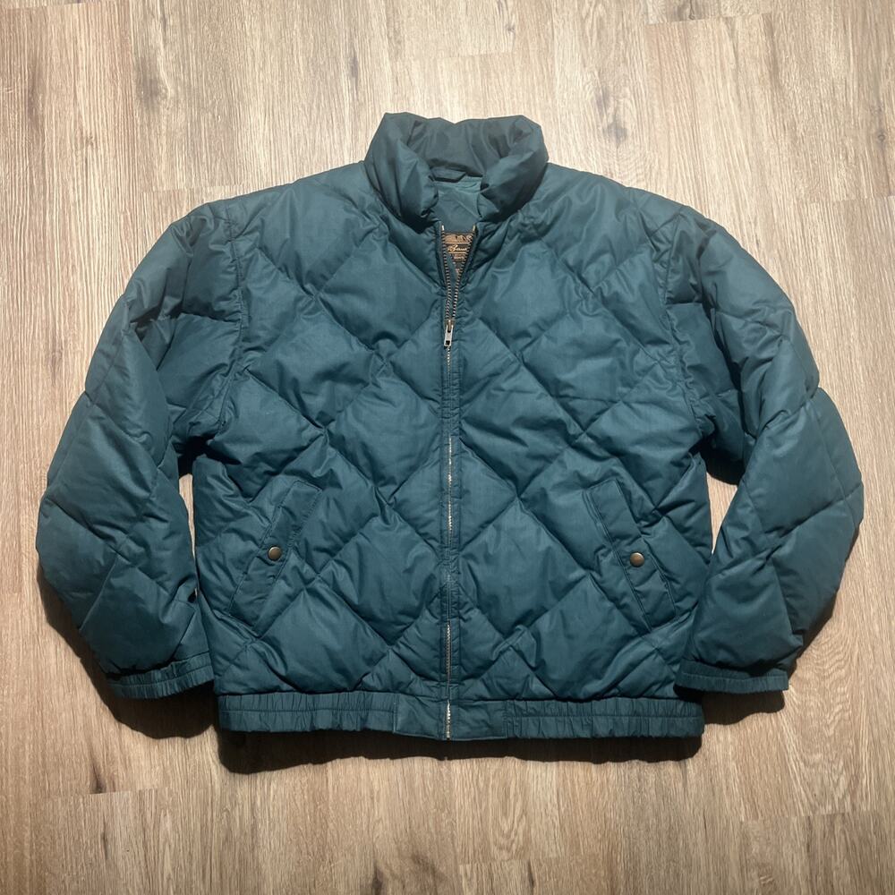 Vintage Eddie Bauer Goose Down Jacket Mens Medium Green Bomber Diamond Quilt